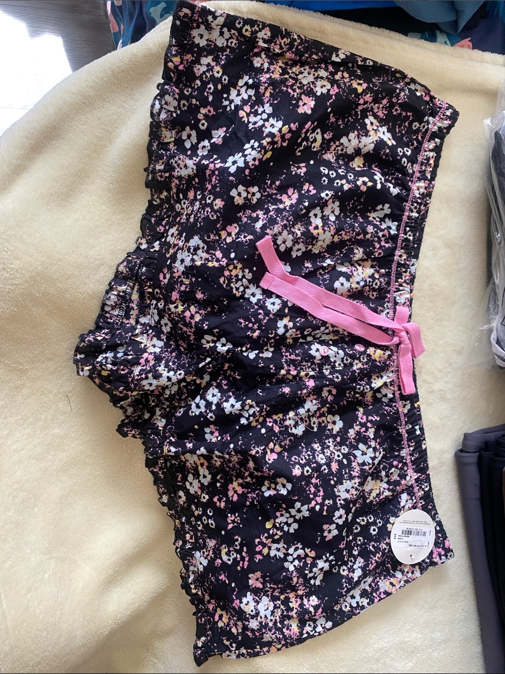 flirtitude Black Floral Lounge Shorts with Pink Waist Tie